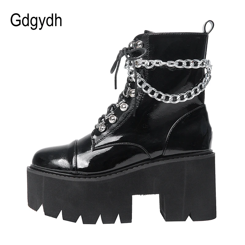 Gdgydh Patent Leather Gothic Black Boots Women Heel Sexy Chain Chunky Heel Platform Boots Female Punk Style Ankle Boots Zipper