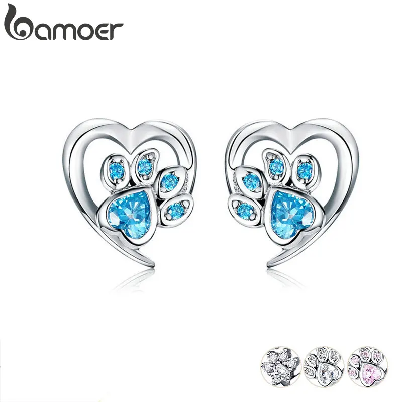 bamoer Blue Crystal Paw Stud Earrings for Girl Heart Shape CZ Footprint Ear Studs Jewelry Women Original Design Bijoux SCE654