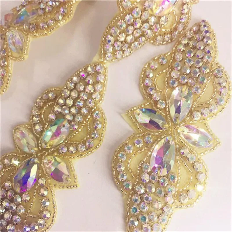 Golden AB hand-stitched diamonds rhinestones decorative dress accessories wedding accessories