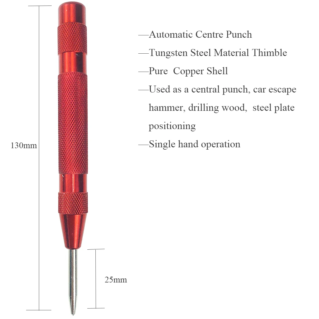 Automatic Center Punch Multifunctional Pin Spring Loaded Mark Car Escape Hammer Wood Indentation Mark Woodworking Tool Bit Red