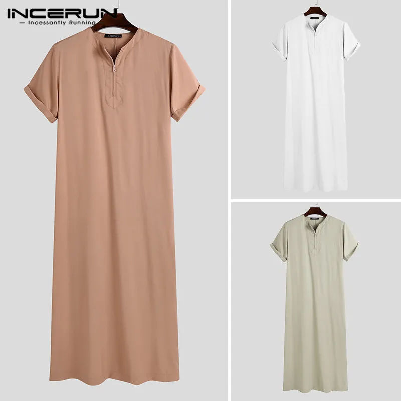 Saudi Stijl Rits Jubba Thobe Incerun Mannen Effen Kleur Gewaden Man Vintage Korte Mouw O Hals Moslim Arabische Islamitische Kleding s-5XL