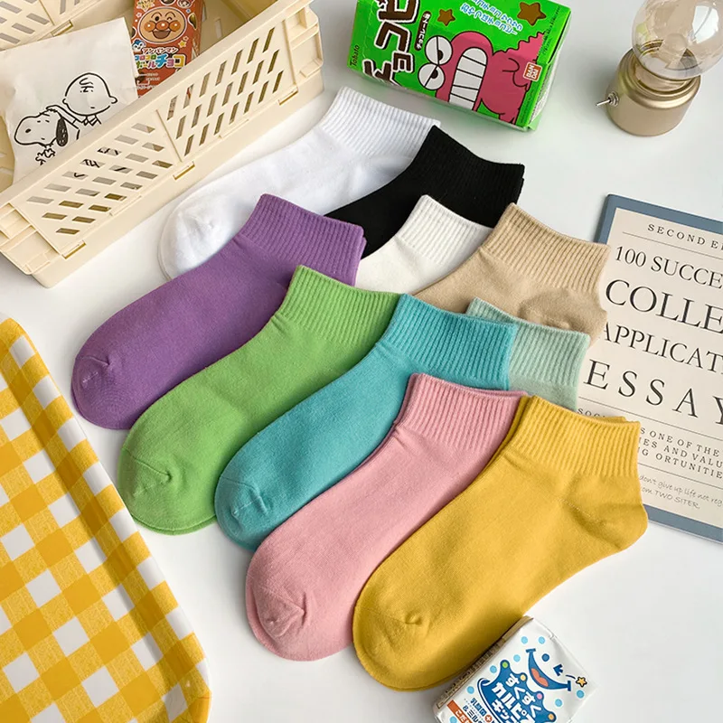 20Pcs=10Pairs Socks For Wholesale Solid Color Soft Breathable Womens Cotton Socks Pack Spring Summer Japanese Harajuku Sock Set