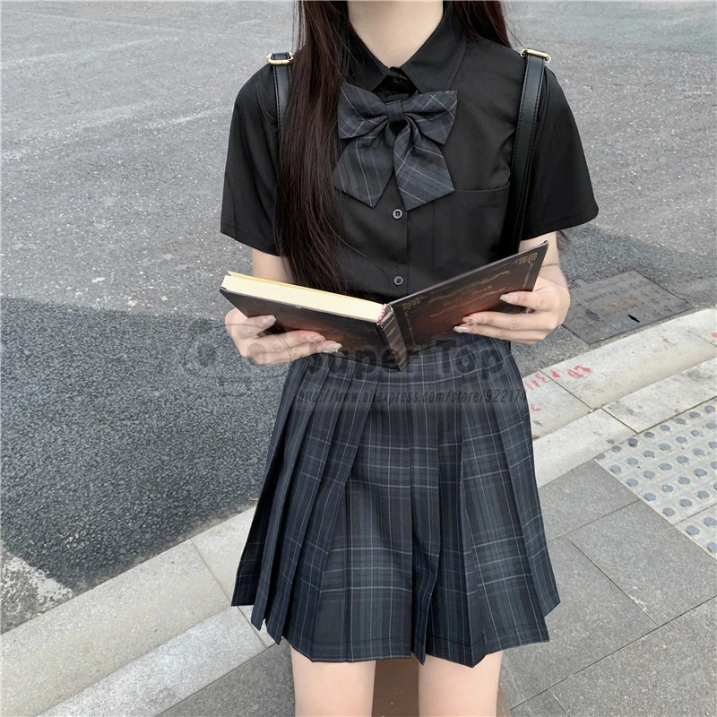 Girls Black Carbon Gray JK Uniform Genuine Black Pleated Skirt Short Skirt Suit Full Set Summer Autumn Girls\' School Uniforms