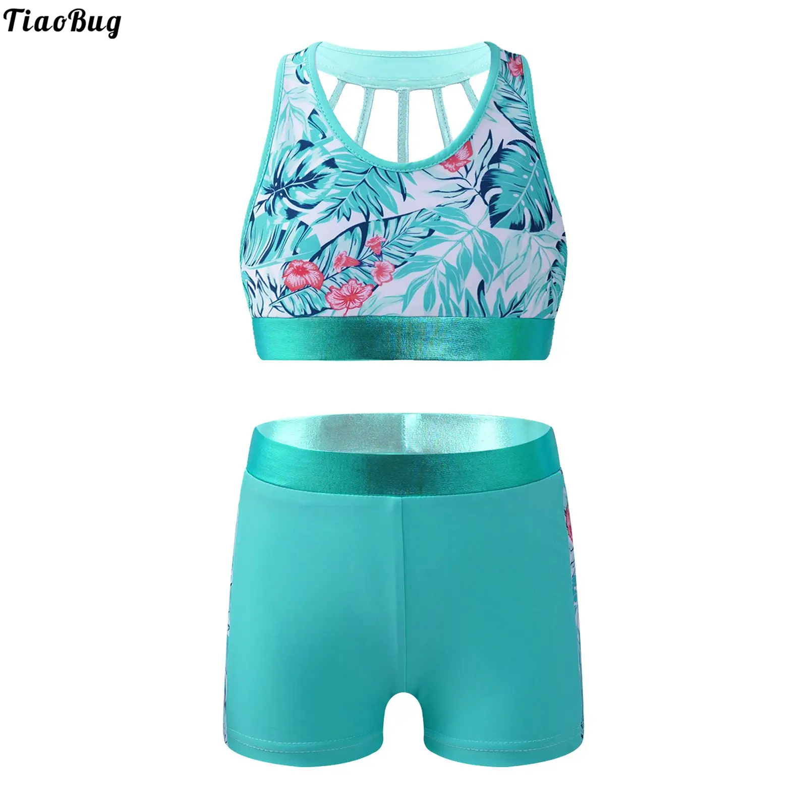 TiaoBug Summer 2Pcs Kids Girls Swimwear U Neck Sleeveless Open Back Patchwork Design Print Pool Beach Bathing Swimsuit Sets