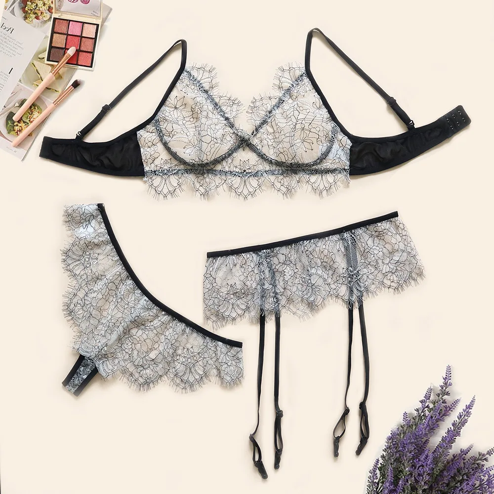 Lingerie Sexy Bra Set Mesh Sexy Women's Sling Lace Lingerie Bra+Garter+Briefs Set Dot Babydoll Sleepwear Lingerie Sets Lenceria