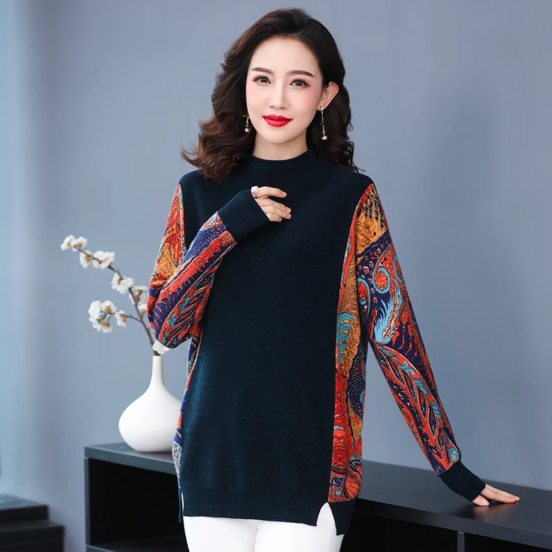 

2021 New Women's Vintage Printing Sweater Blouse Autumn & Winter Floral Printed Knitwear Pullover Female Jumper Long Sleeve