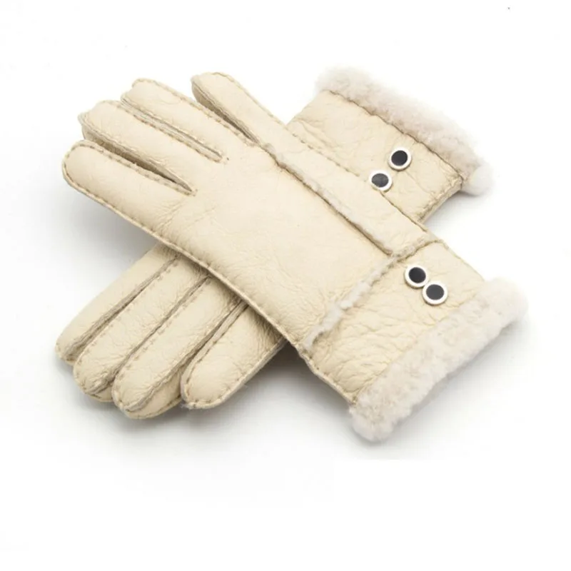 Brand New Women Genuine Leather Gloves Female Outdoor Winter Super Warm Mittens Ladies Real Sheepskin Fur Gloves Solid Wool