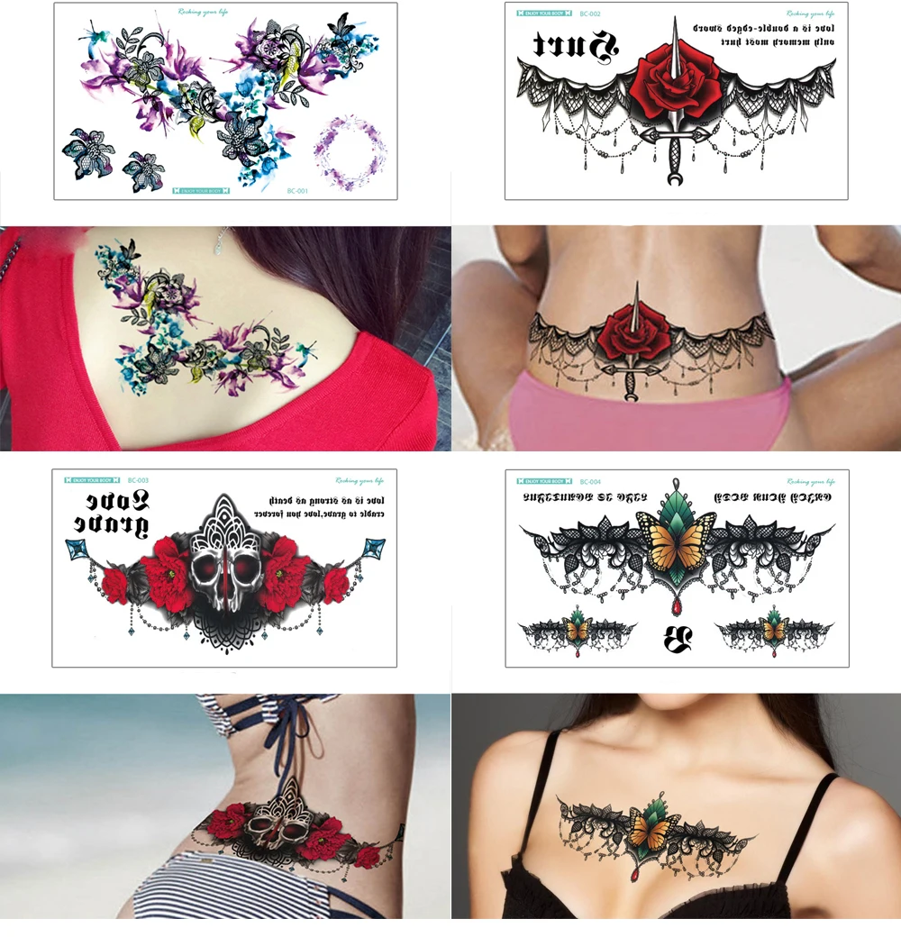 Tatouages sexy pour le bas du dos de la poitrine pour les femmes, papier de tatouage temporaire de fleur, autocollants de tatouage imperméables