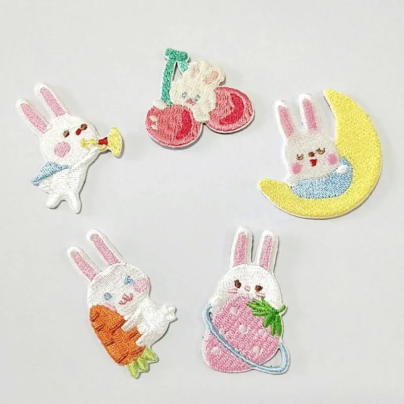 Self-adhesive High Quality Small Cartoon Rabbit Cherry Star Embroidered Patches for Clothing Iron on Clothes Sticker Appliques