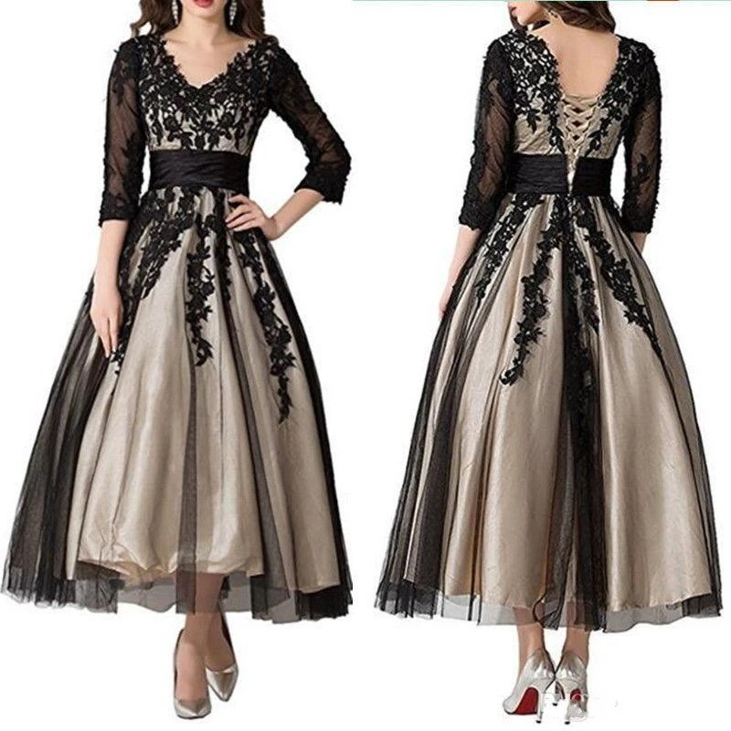 3/4 Long Sleeve Black Lace Mother of the Bride Dress Ankle Length V Neck Champagne Lining Wedding Guest Dress