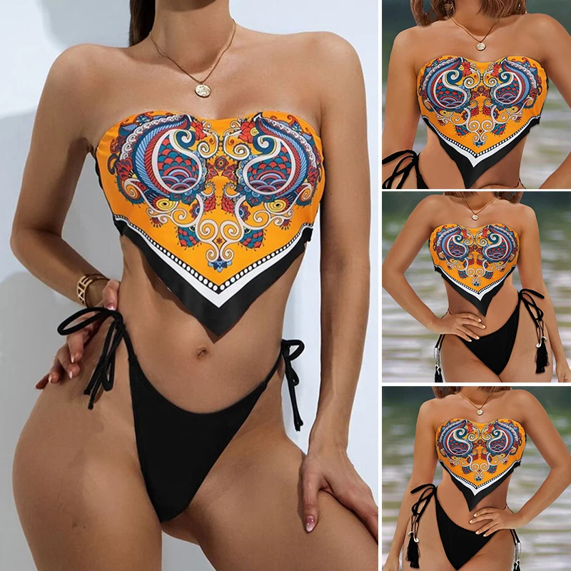 Nowy Paisley wzór druku Design z frędzlami chusteczka zestaw Bikini damski strój kąpielowy