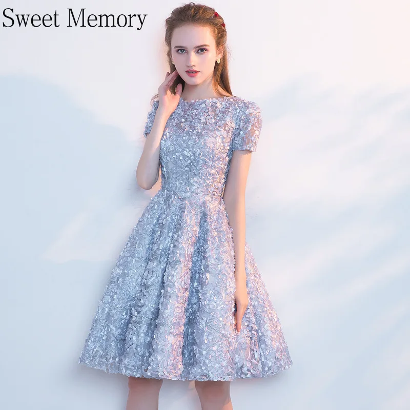 Girl Graduation Bridesmaid Dresses Prom Gown Wine Red Blue Gray Pink Short Sleeve Birthday Party Appliques Lace Evening Dress