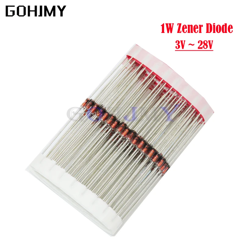 100pcs 1W Zener diode DO-41 3V 3V3 3V6 3V9 4V7 5V1 5V6 6V2 6V8 7V5 8V2 9V1 10V 11V 12V 13V 15V 16V 18V 20V 28V 1N4742A 1N4728A