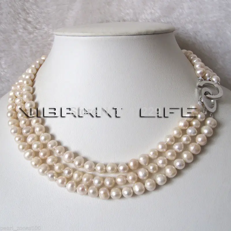 

Wholesale price 17-19" 6-7mm 3Row White Freshwater Pearl Necklace Natural Color