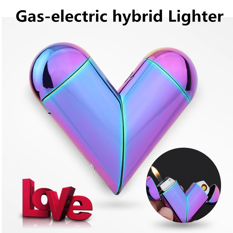 Heart-shaped Gas-electric Dual-purpose Folding Lighter USB Electronic Charging Arc Lighter Flame Butane Gas Lighter Gift