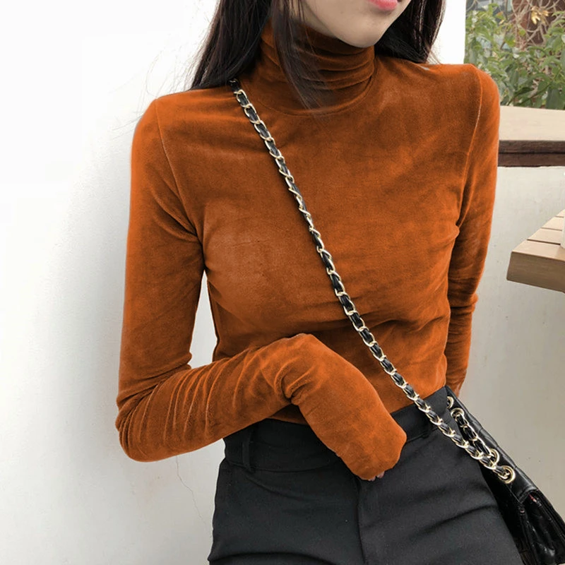 Turtleneck Velvet Tops Women Long Sleeve T Shirts Solid Color 2023 Spring Autumn Velour T-Shirts Women Basic Shirt