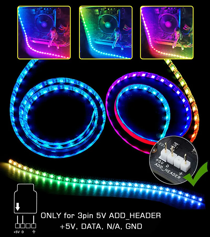 WS2812B RGB LED Strip For ASUS AURA SYNC / MSI Mystic Light Sync / GIGABYTE RGB Fusion 2.0 (5V 3 Pin Addressable LED Headers)