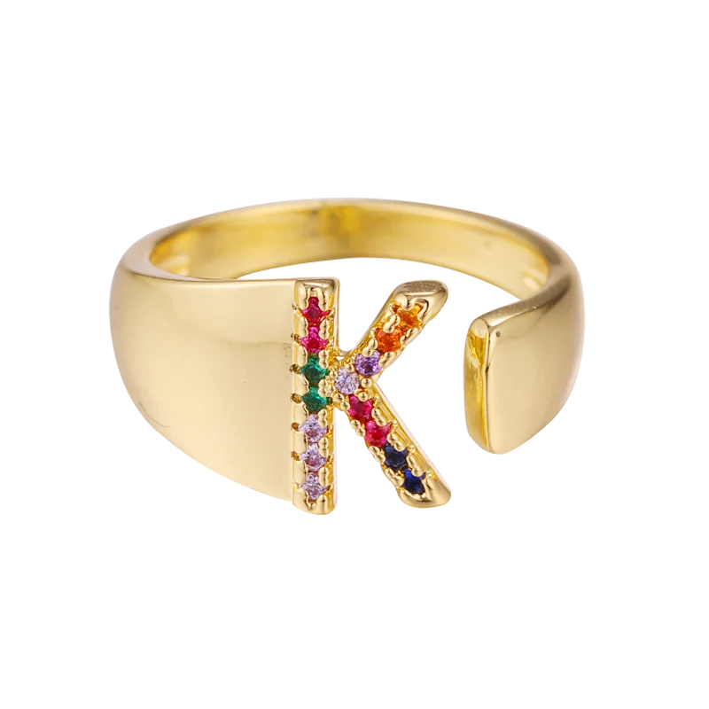Juya Drop Shipping 18K Real Gold Plated Open Adjustable Initial Letter Rings For Women Men Rainbow Crystals Jewelry Supplies