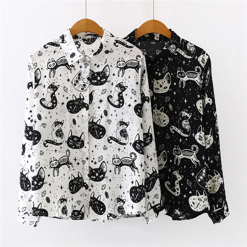 Cartoon Cat Pattern Women\'S Chiffon Shirt Fashion Woman Blouses 2021 Spring Autumn Long Sleeve Casual Girls\' Top Female Clothing