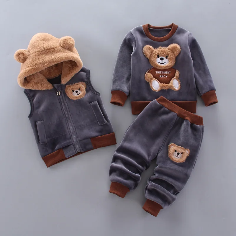 Baby Boy Clothes Set Autumn Winter Pure Cotton Thick Warm Hooded Sweatshirt Pants Vest Cartoon Bear Toddler Kids Girl Clothing