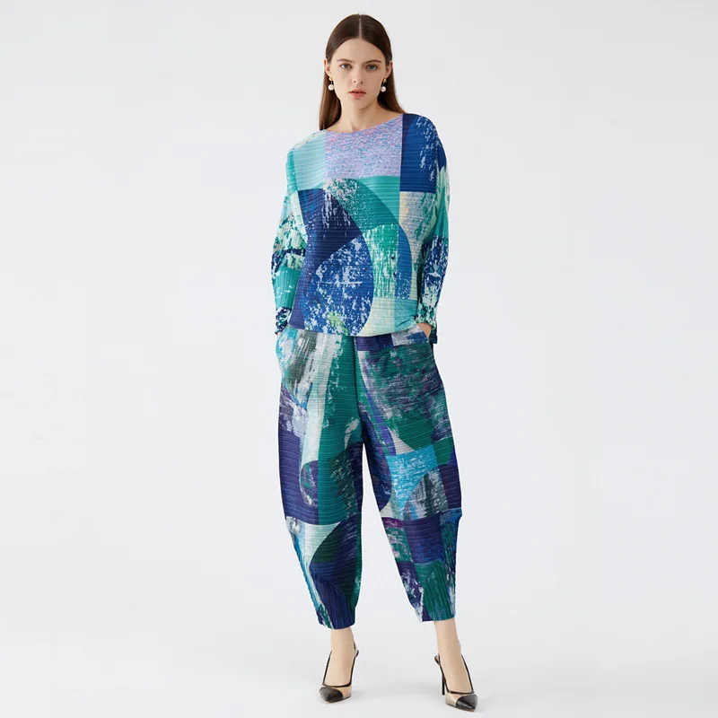 

Fold 2021 Women's Autumn New Personalized Geometric Printing Set Women's Long Sleeved Top Harlan Pants Two-piece Set