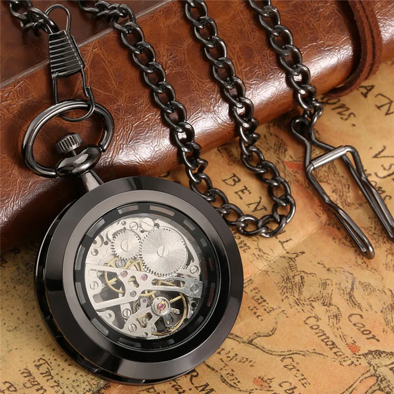 Steampunk Roman Numerals Dial Unisex Handwinding Mechanical Pocket Watch Open Face with Pendant Chain Timepiece Gift reloj