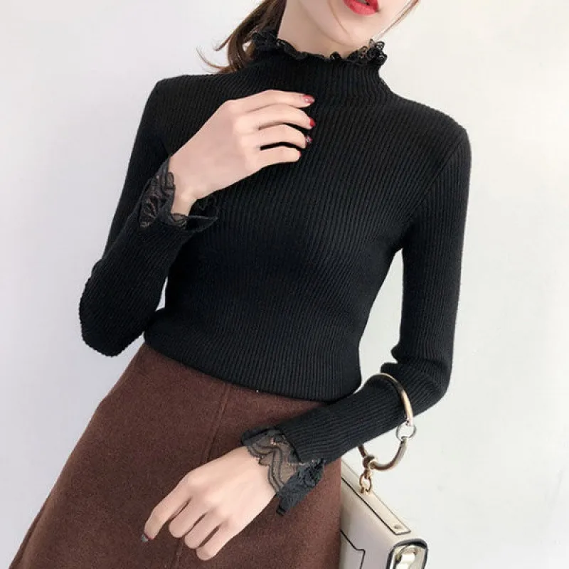 2020 Autumn Winter Women Sweater Lace Turtleneck Sweaters Female Long Sleeve Knitted Pullovers Casual Jumper Femme Pull P315