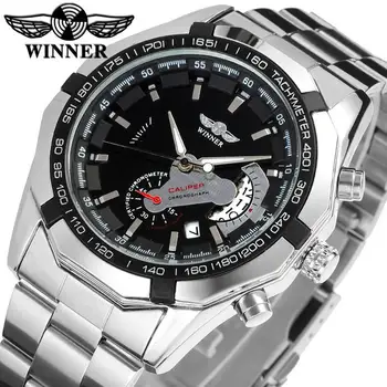 Hot Koop Winnaar Horloges Mannen Sport Horloges Rvs Band Auto Datum Automatische Mechanische Horloges Kleine Seconden Horloge