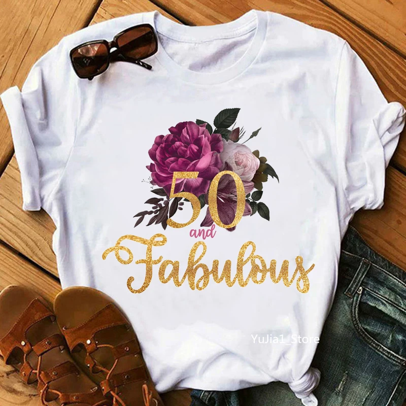 

Golden 50th/60th Fabulous Flowers Graphic Print Women T-Shirt White Casual Tshirt Femme Summer Fashion Style T Shirt Female