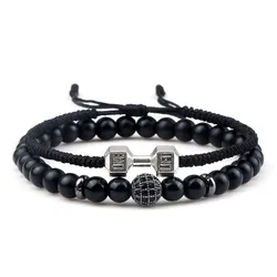 2pcs/Set Men Beaded Bracelet 6mm Charm Nature Onyx Stone Braided Strand Dumbbell hread Bracelets Women Barbell Fitness Jewelry