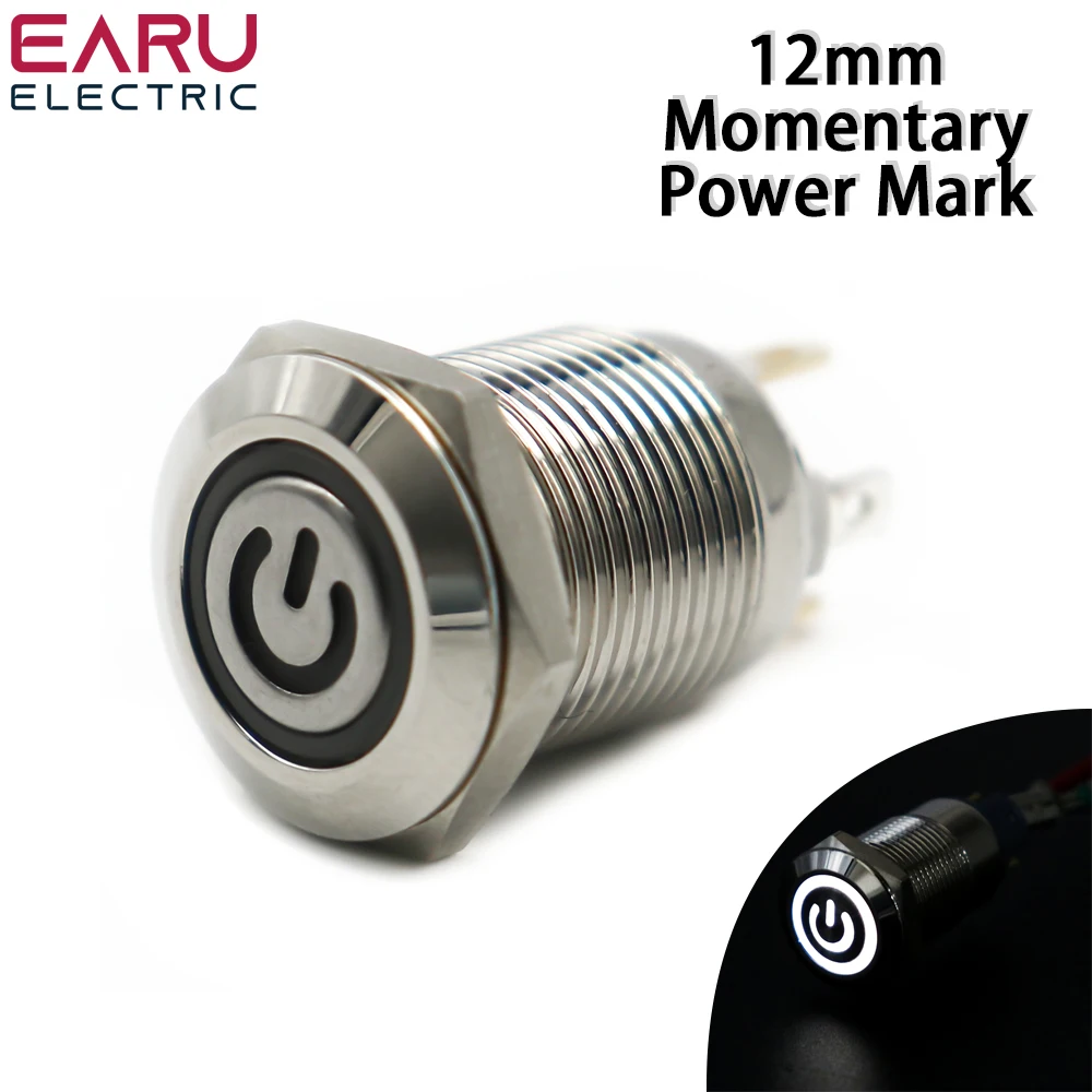 12mm Waterproof Momentary Maintained Flat Head Power Symbol Stainless Steel Metal Push Button Switch Car Horn Fix 12V 24V 220V