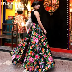 TIYIHAILEY-Women's Flower Print Elastic Waist Long Floor Length Skirts, Cotton Black Skirts, Fashion, 2025 New A-line