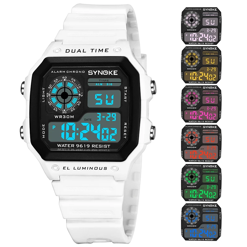 SYNOKE-relojes digitales para Hombre, pulsera militar, deportiva, cuadrada, LED, color negro