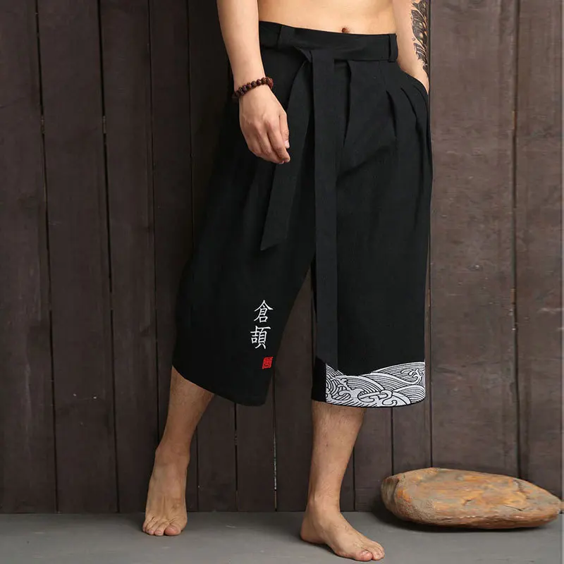 Plus Size Japanese Kimono Traditional Pants Man  Asian Harem Pants Embroidery Japones Yukata Trousers Linen Cropped Pants