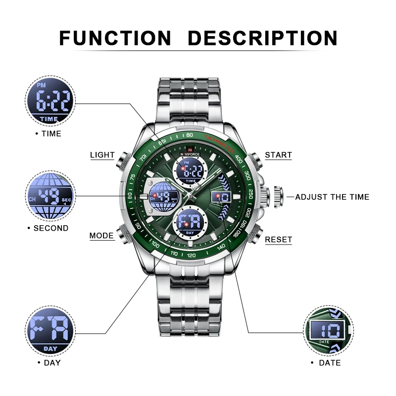 NAVIFORCE Mens Wrist Watches Casual Sport Stainless Steel Waterproof Luminous Dual Display Quartz Clock Watch Male Reloj Hombre