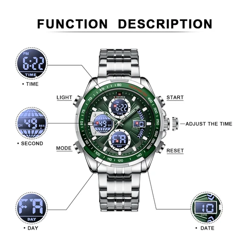 Imagen 2 del producto NAVIFORCE relojes de pulsera para Hombre, Reloj deportivo informal de acero inoxidable resistente al agua con pantalla Dual luminosa, Reloj de cuarzo para Hombre