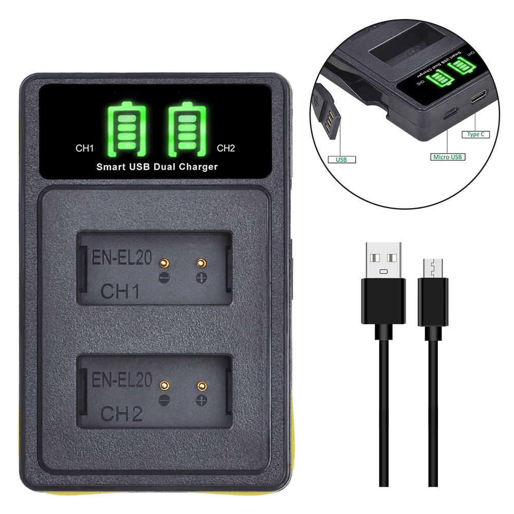 

EN-EL20 EN-EL20a Battery Charger with Build-in USB and Type-c Port for Nikon coolpix P1000, Coolpix P950, 1 j1, 1 J2, 1 V3