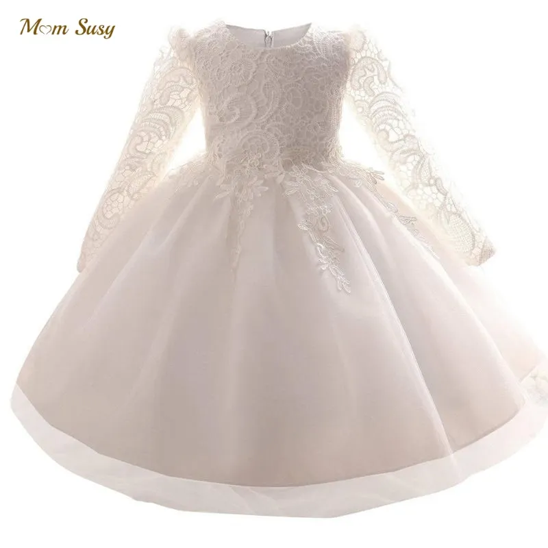 Baby Girl Princess Lace Dress Bow Long Sleeve Child Vintage Vestido Floral Lace Party Pageant Birthday Xmas Baby Clothes 1-14Y