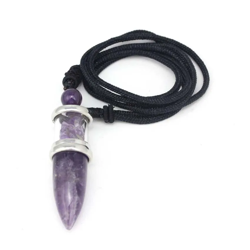 Natural Healing Crystal Quartz Reiki Necklace Amethyst Stone Bullet Shape Wishing Bottle Stone Pendant Pendulum Women Men