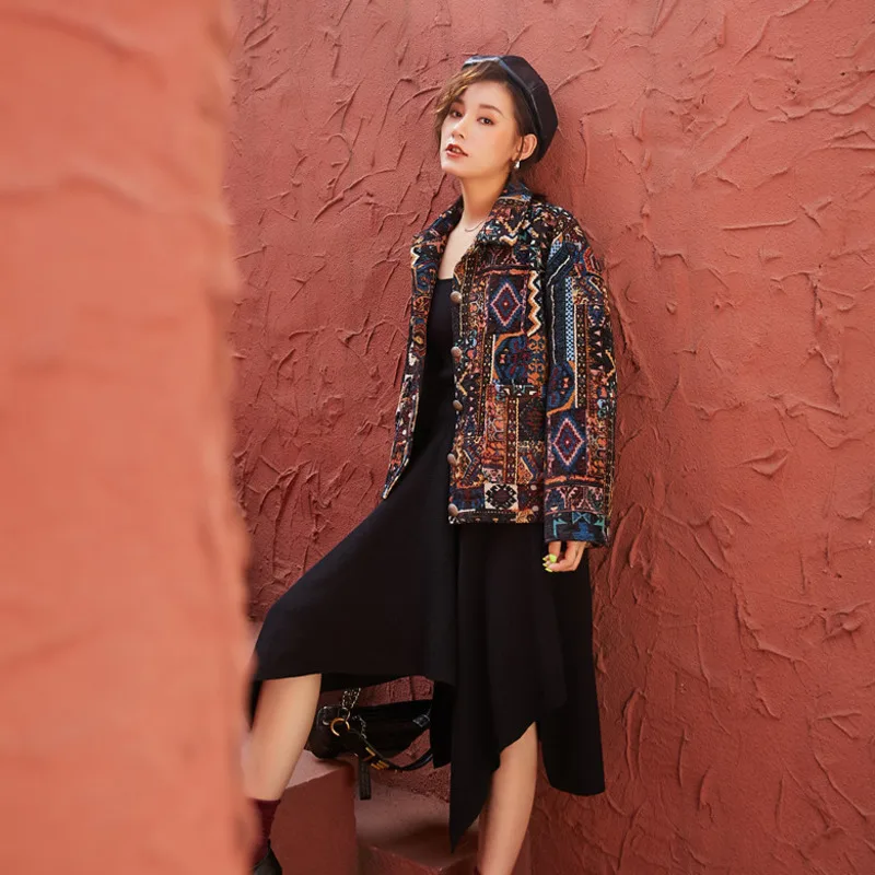 New Retro Short Jacket Spring Autumn Designer Long Sleeve Printed Ethnic Loose Lapel Top Coat For Women Size Chaqueta Mujer