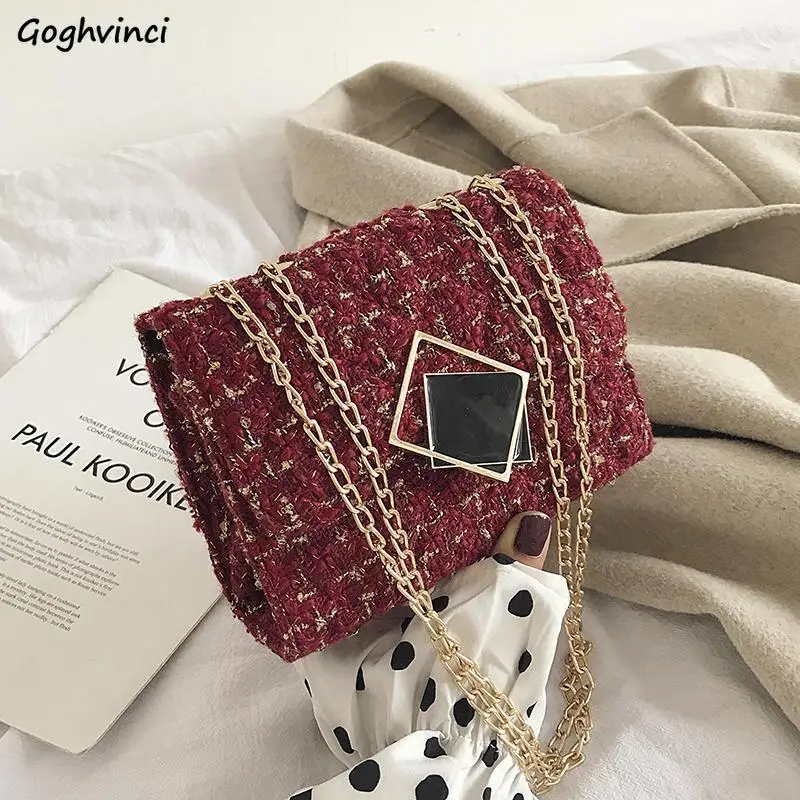 Women Crossbody Bags Woolen Patchwork Colorful Vintage Chains Shoulder Bag Students All-match Casual Handbags  Chic Ins