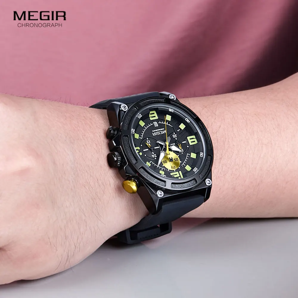 MEGIR Chronograph Quartz Watch for Men Fashion SIlicone Strap Sports Wristwatch Waterproof часы мужские relogio masculino 2116