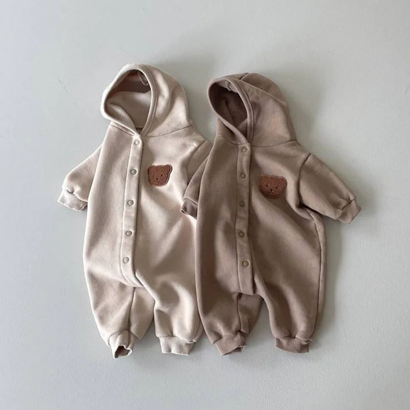 0-2 Years Old Spring Baby Romper 2022 Boys Cartoon Bear Hooded Pullover Romper Girls Baby Cardigan Button Romper