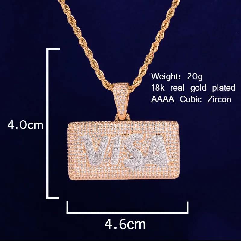 Visa Card Shape Pendant  Cubic Zircon Men\'s Hip Hop Necklace Jewelry