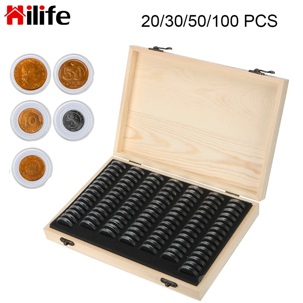 20/30/50/100/120PCS Coins Holder Storage Box Coin Collection Case With Adjustment Pad Antioxidative Coin Wooden Money Box