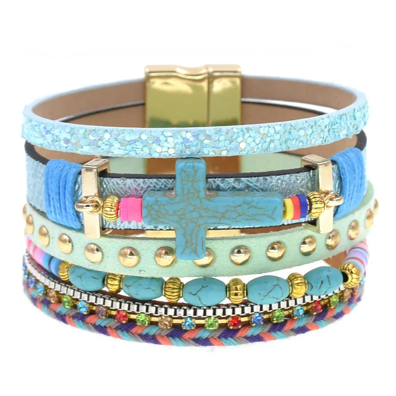 WELLMORE bohemia leather bracelets for women stone beaded corss multilayer bracelets charm Bracelets Female fashion Jewelry