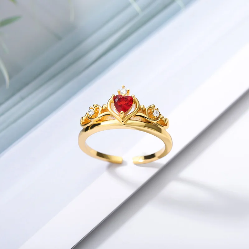 Imagen 3: Anillo de princesa de ensueño para mujer, Serie de corona, anillos de flores ajustables, joyería de boda de compromiso para mujer, gemas rojas de corazón, Bijoux, regalos de amor