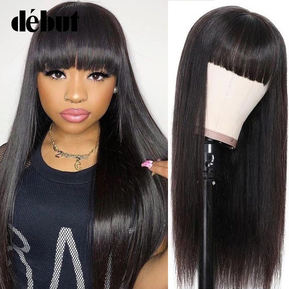 Debut Straight Human Hair Wigs With Bangs 100% Remy Human Hair Wigs Natural Black Color Hair 16-28 Cheap Full Machine Made Wigs