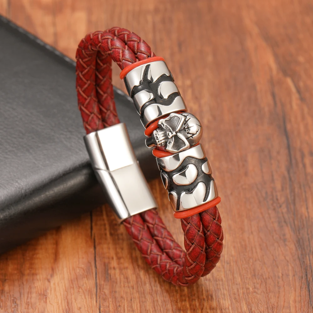 Fashion Men's Horror Skull Double Woven Genuine Leather Bracelet Stainless Steel Magnetic Clasp Jewelry Gift
