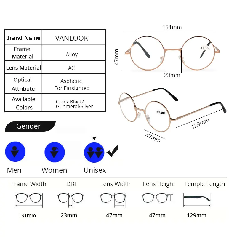 Round Reading Glasses for Men Women 100 +125 150 175 200 225 250 +275 300 325 350 375 400 Spectacles Farsighted Gafas de Lectura